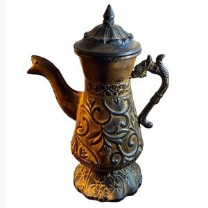 Vintage Dragon & Fish Embossed Metal Art Water Pitcher